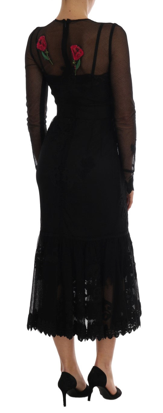 Black Lace Midi Rose Long Sleeved Dress