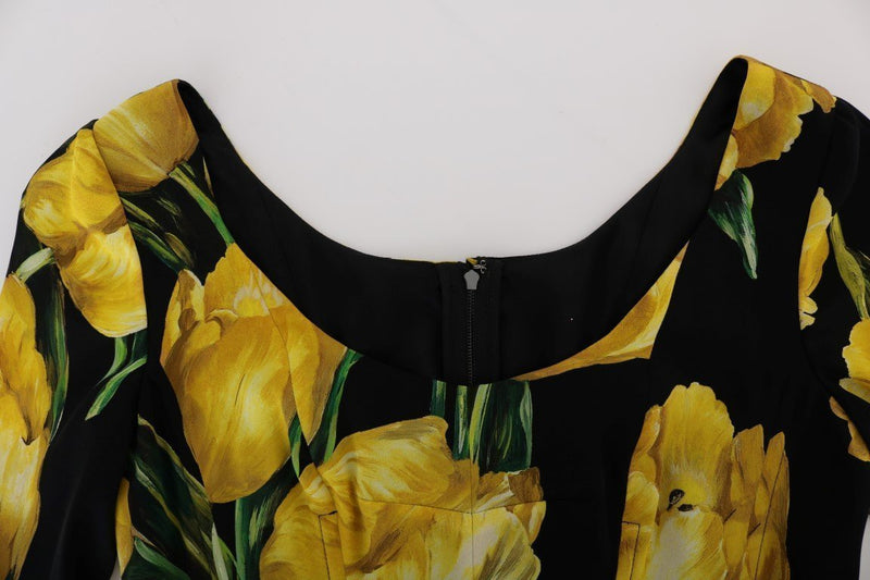 Black Silk Stretch Yellow Tulip Sheath Dress