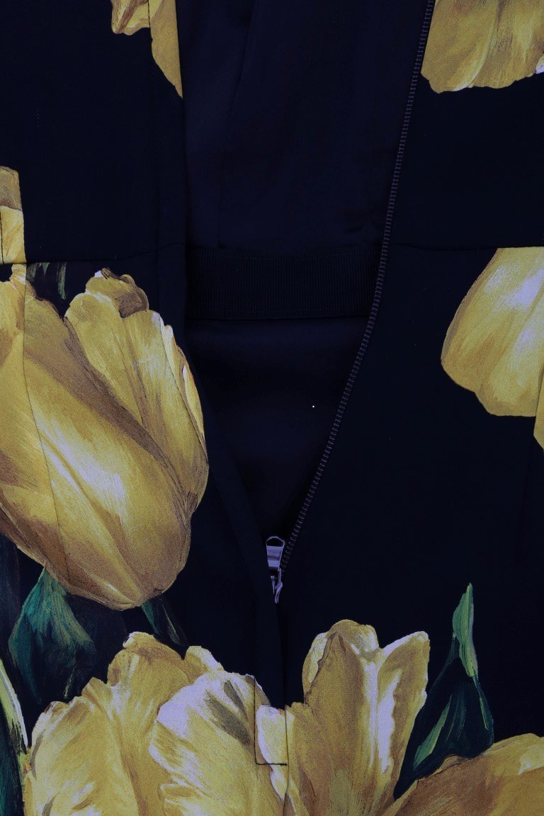 Black Silk Stretch Yellow Tulip Sheath Dress