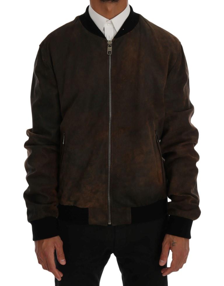 Brown Leather Bomber Zipper Jacket