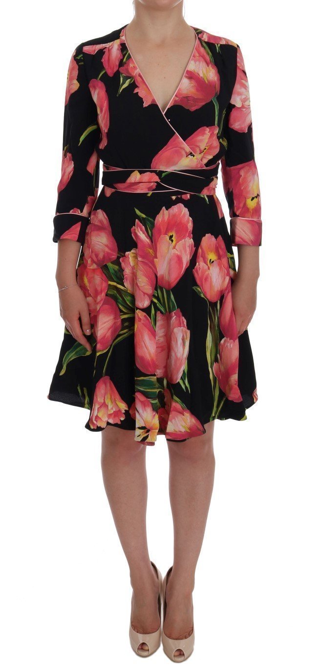 Black Pink Tulip Print Stretch Shift Dress