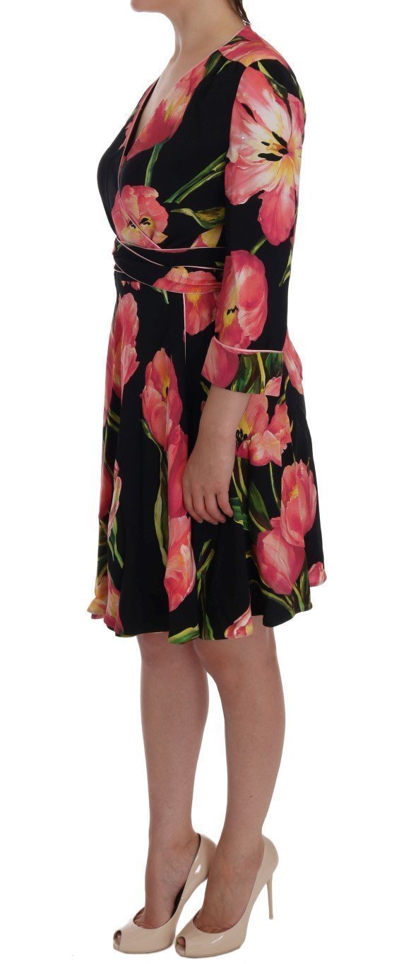 Black Pink Tulip Print Stretch Shift Dress