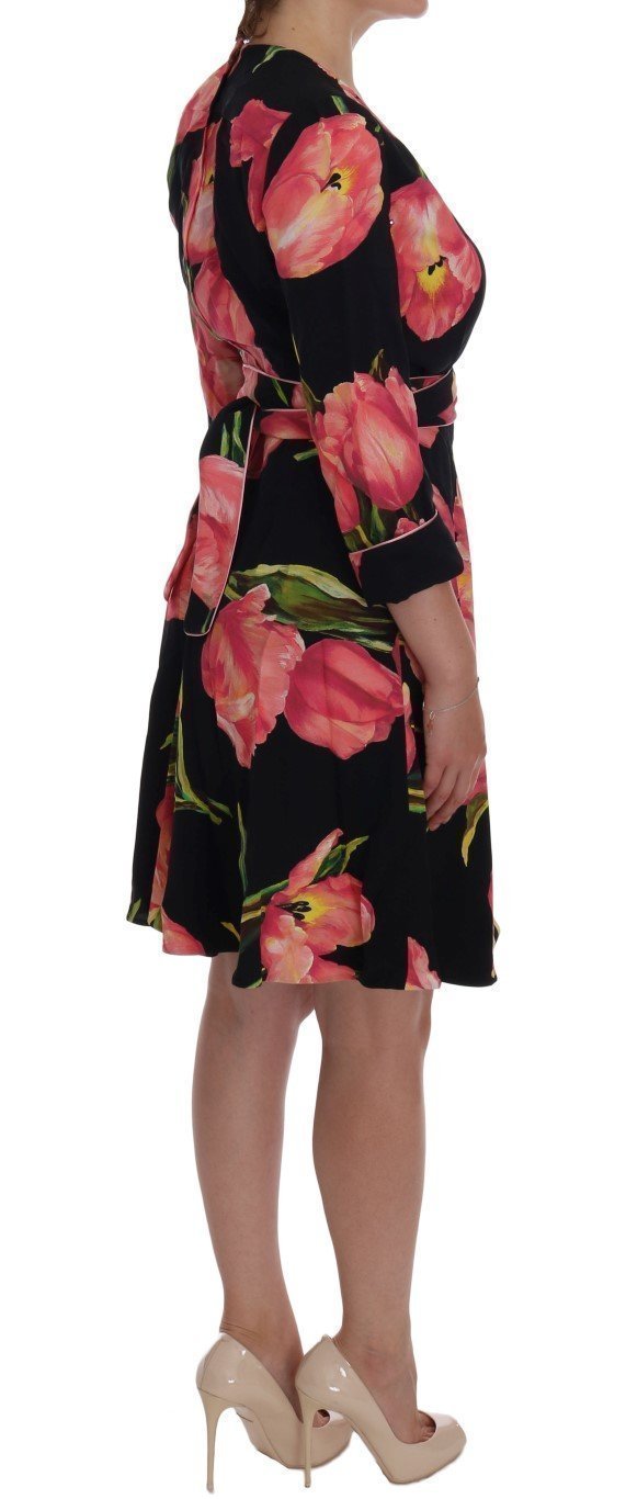 Black Pink Tulip Print Stretch Shift Dress