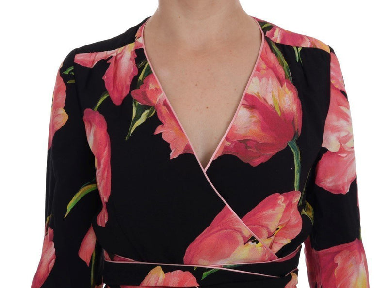 Black Pink Tulip Print Stretch Shift Dress