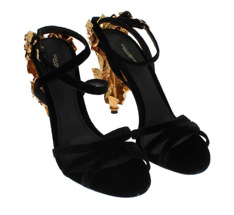 Black Velvet Gold Leaf Sandal Shoes