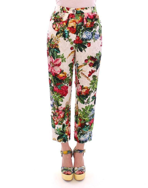 Multicolor Floral Crystal Sequined Cropped Pants