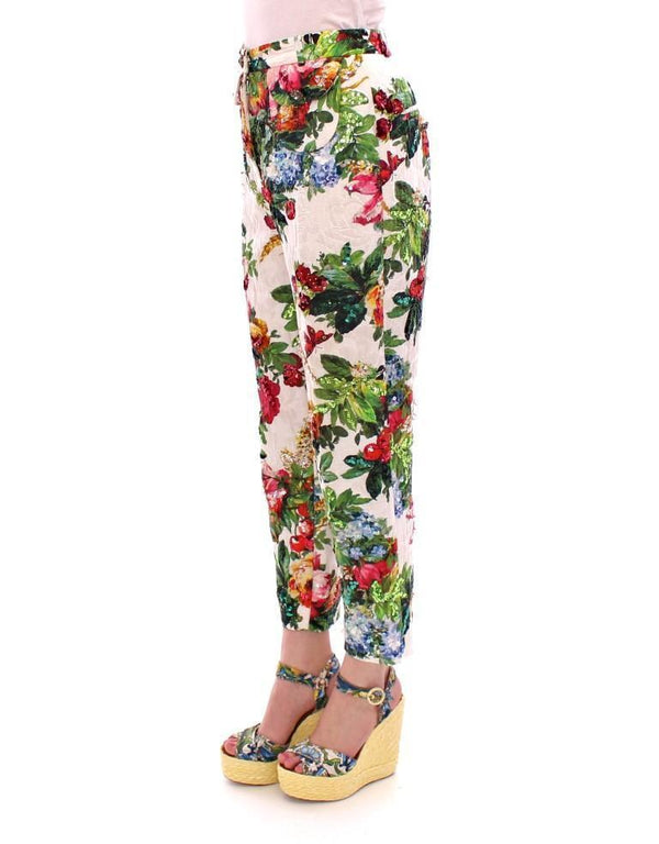 Multicolor Floral Crystal Sequined Cropped Pants