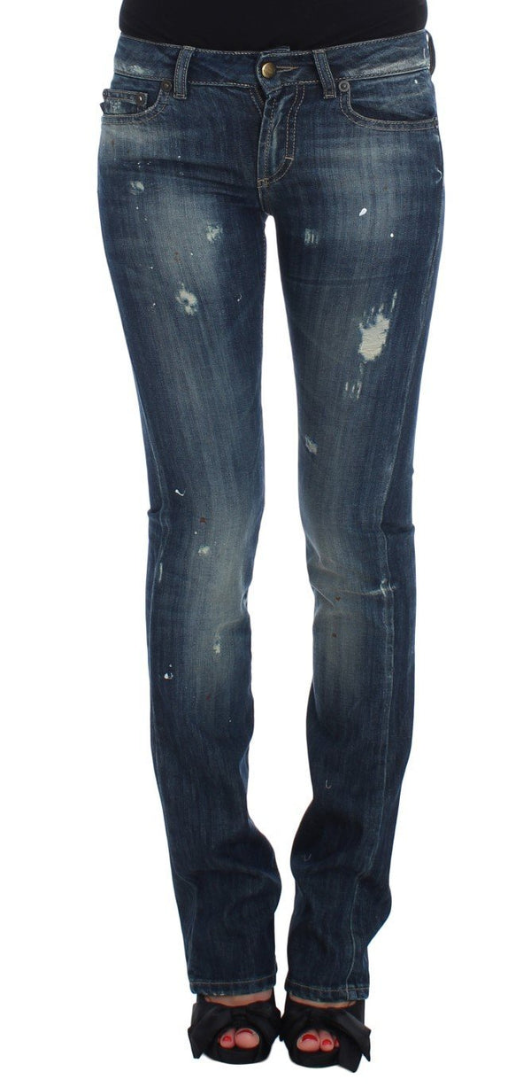 Blue Wash Torn Cotton Stretch Jeans