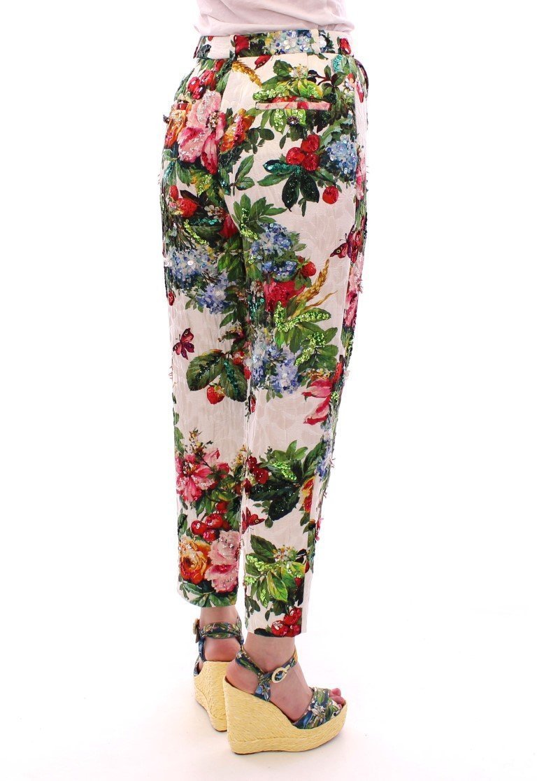 Multicolor Floral Crystal Sequined Cropped Pants