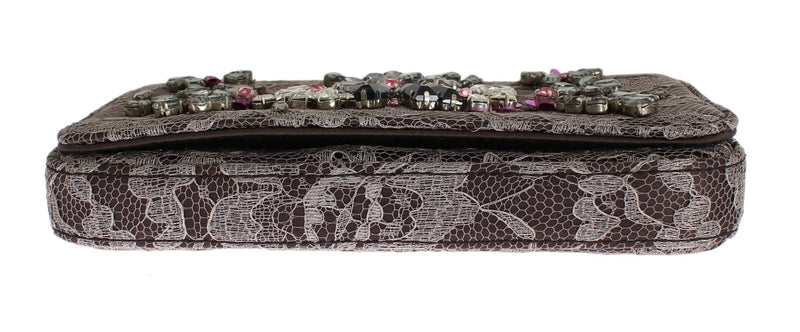 Gray Floral Lace Crystal Clutch Bag