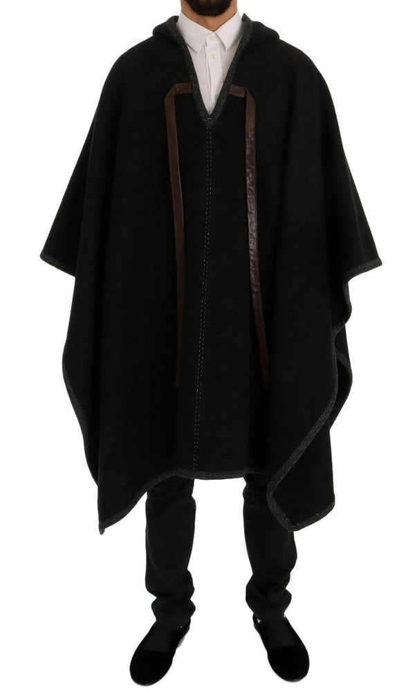 Gray Wool Cashmere Leather Hooded Poncho