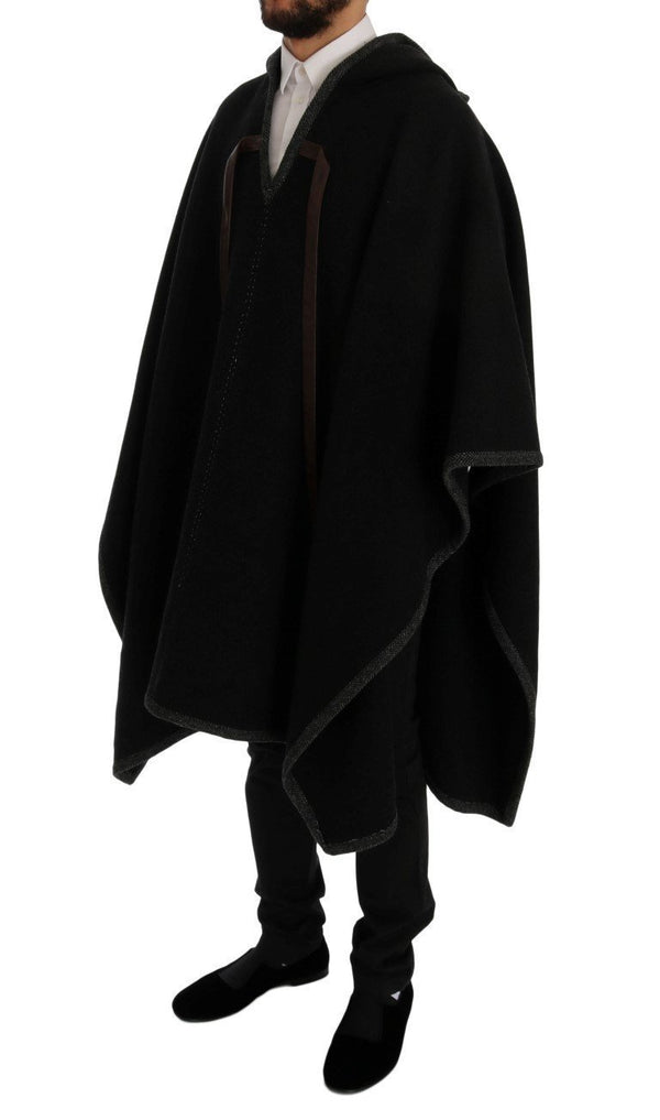 Gray Wool Cashmere Leather Hooded Poncho