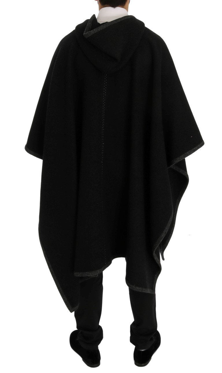 Gray Wool Cashmere Leather Hooded Poncho