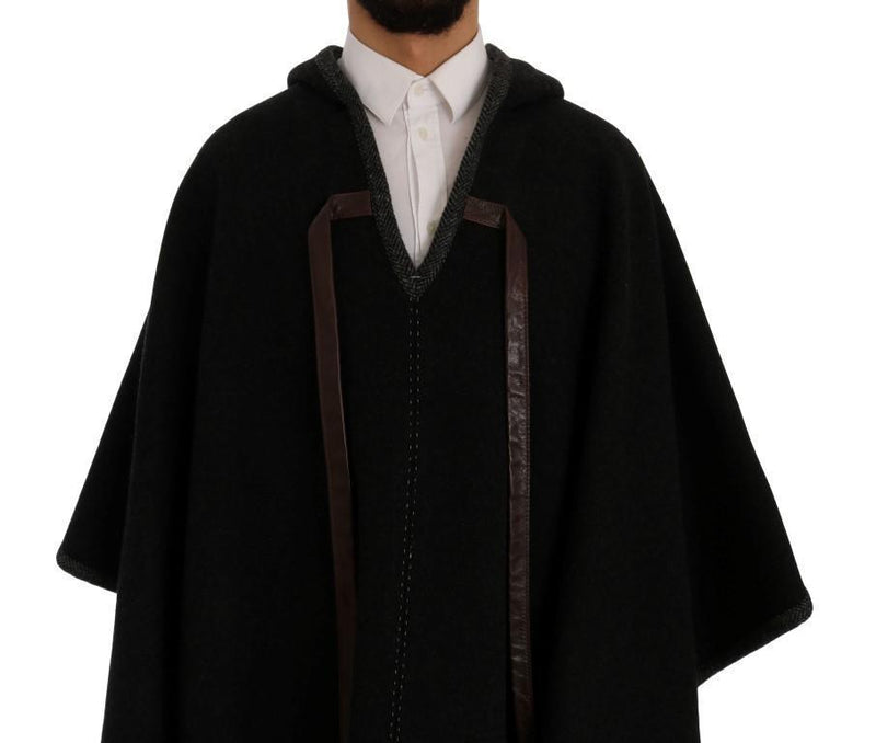 Gray Wool Cashmere Leather Hooded Poncho