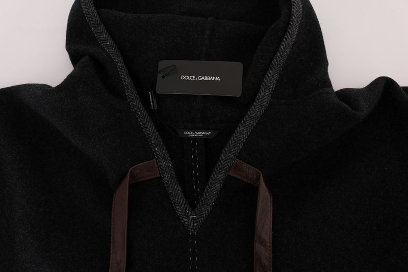 Gray Wool Cashmere Leather Hooded Poncho
