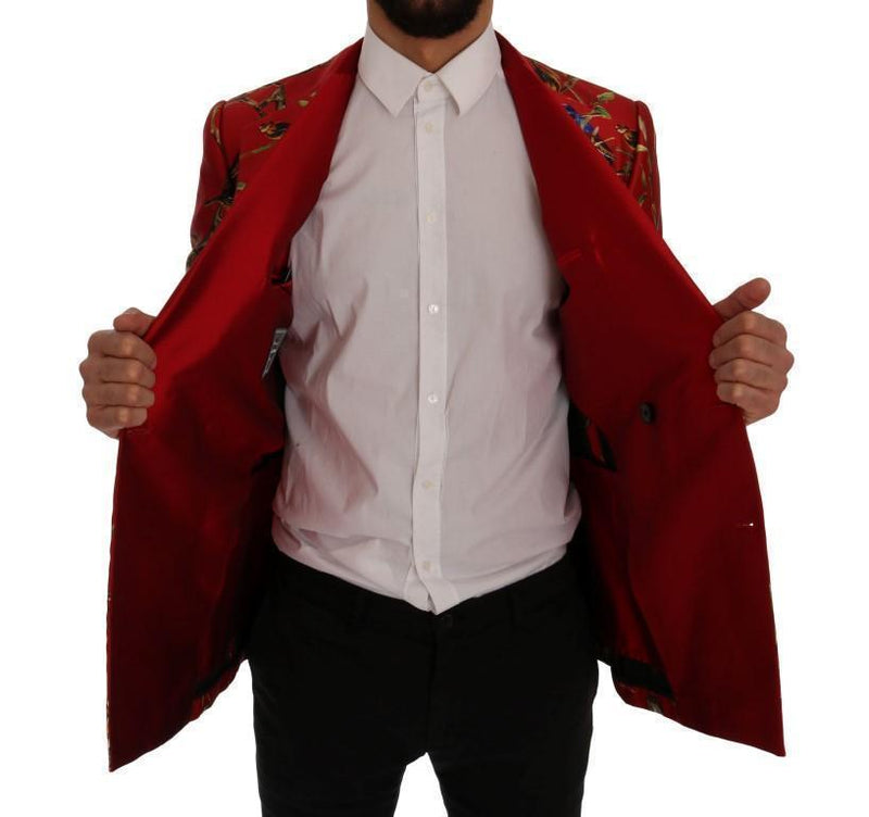 Red Bird Print Silk Slim Fit Blazer Jacket