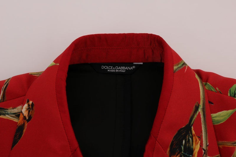 Red Bird Print Silk Slim Fit Blazer Jacket