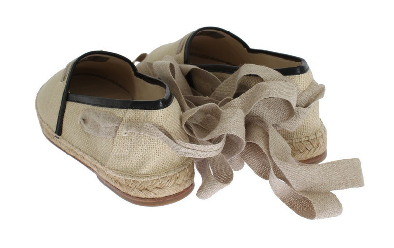Beige Leather Canvas Strap Loafers