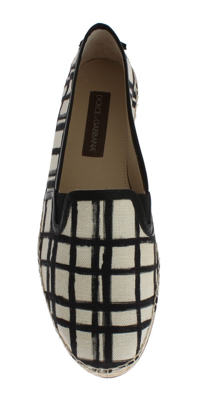 White Linen Checkered Logo Espadrilles