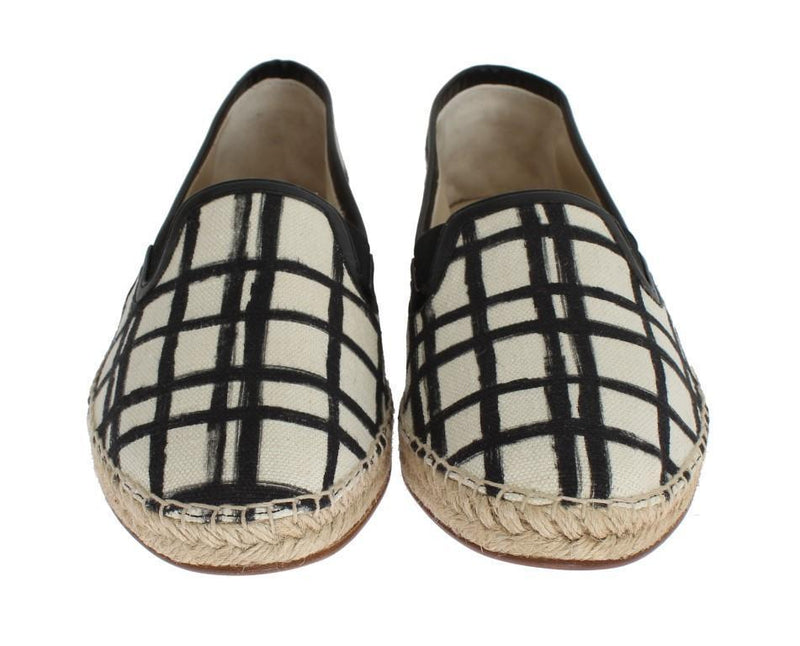 White Linen Checkered Logo Espadrilles