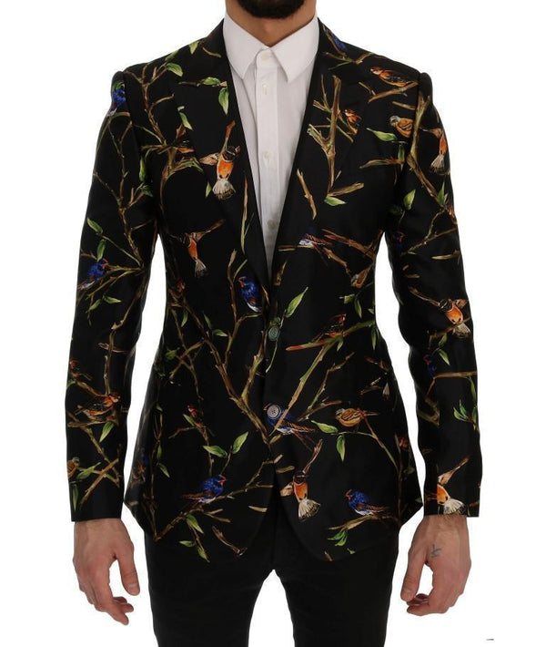 Black Bird Print Silk Slim Fit Blazer Jacket