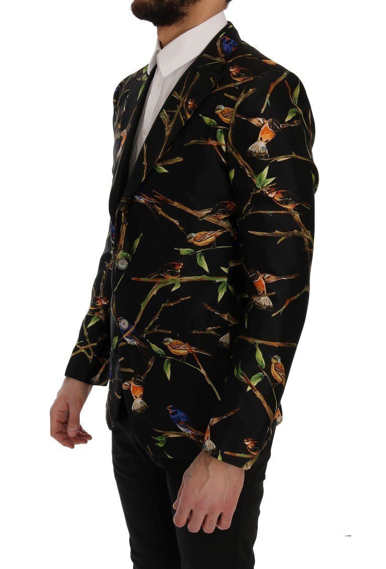 Black Bird Print Silk Slim Fit Blazer Jacket