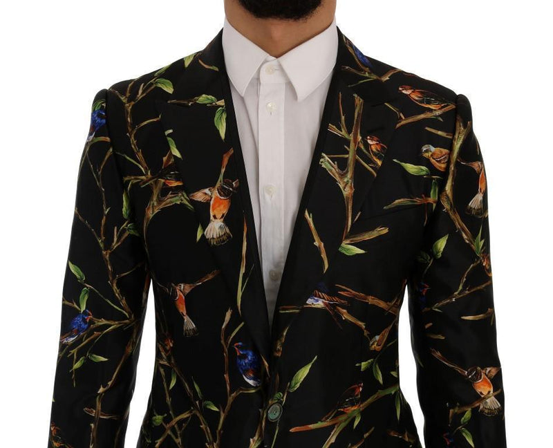 Black Bird Print Silk Slim Fit Blazer Jacket