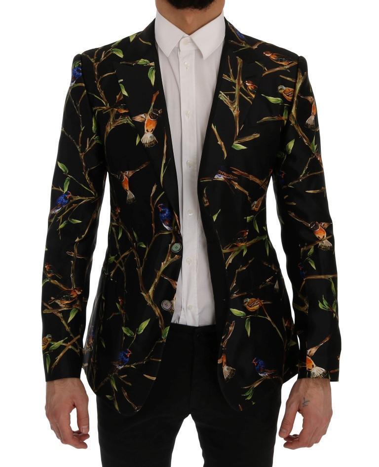 Black Bird Print Silk Slim Fit Blazer Jacket