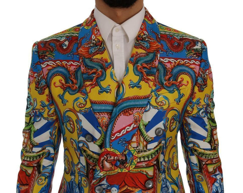 Multicolor Dragon Print Silk Slim Fit Blazer Jacket
