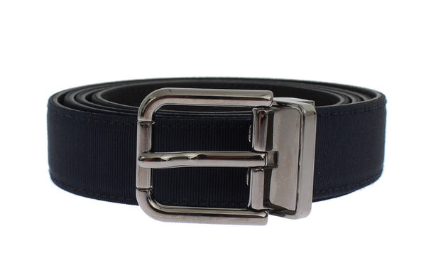 Blue Fabric Black Leather Silver Buckle Belt