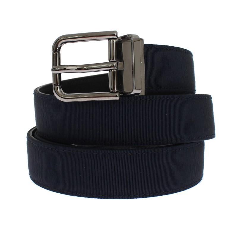 Blue Fabric Black Leather Silver Buckle Belt