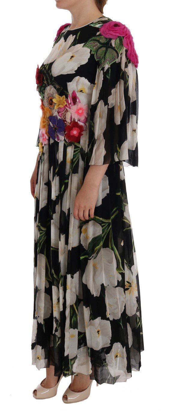 Black Silk Floral Tulip Dress