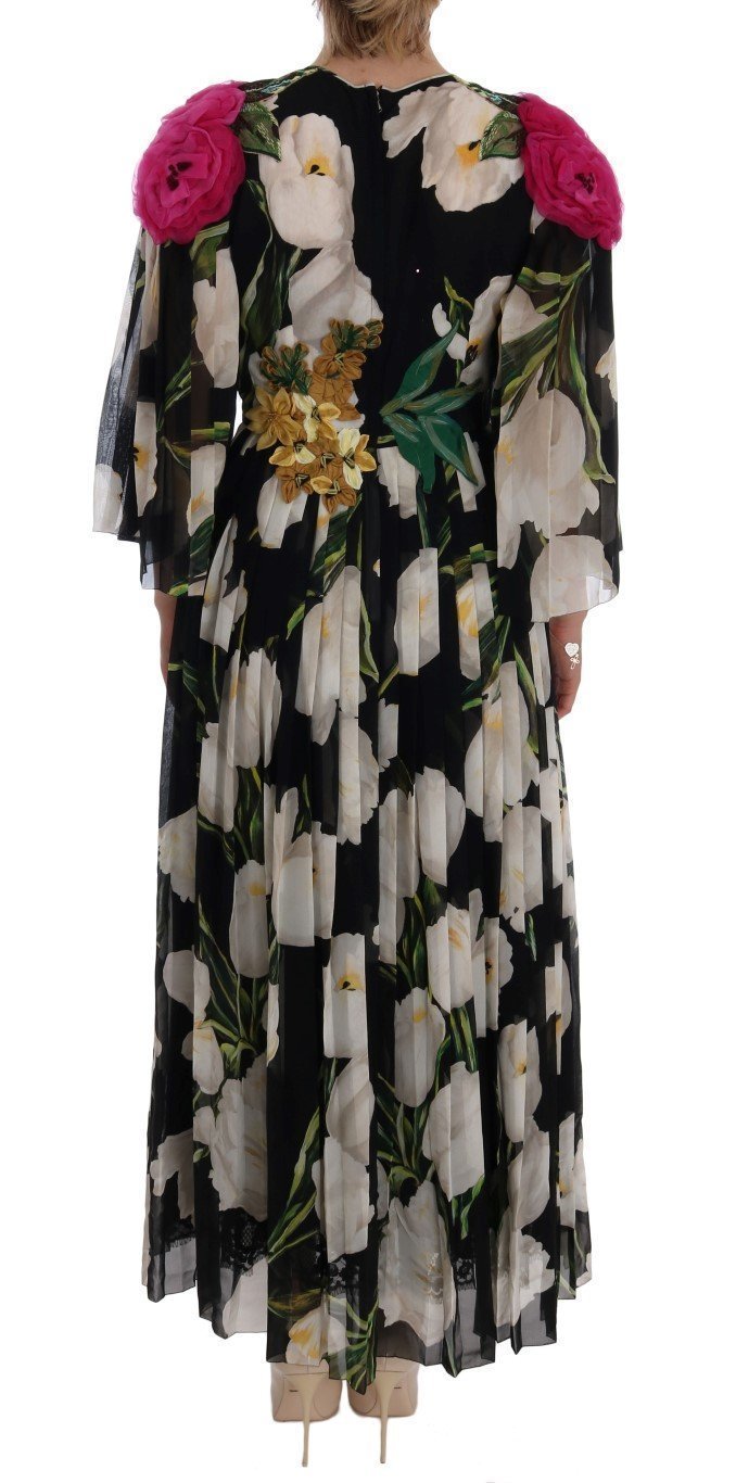 Black Silk Floral Tulip Dress