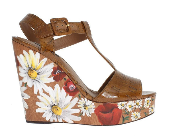 Brown Leather Floral Wedges Platform Shoes