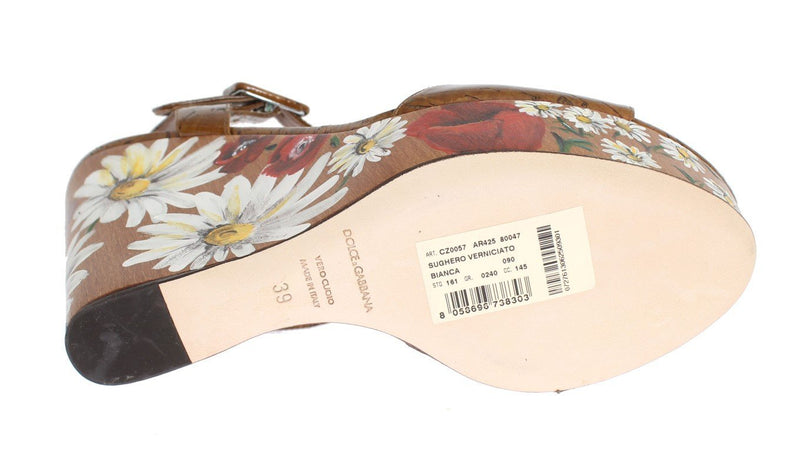 Brown Leather Floral Wedges Platform Shoes