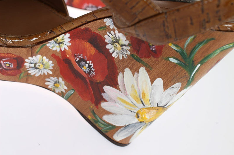 Brown Leather Floral Wedges Platform Shoes