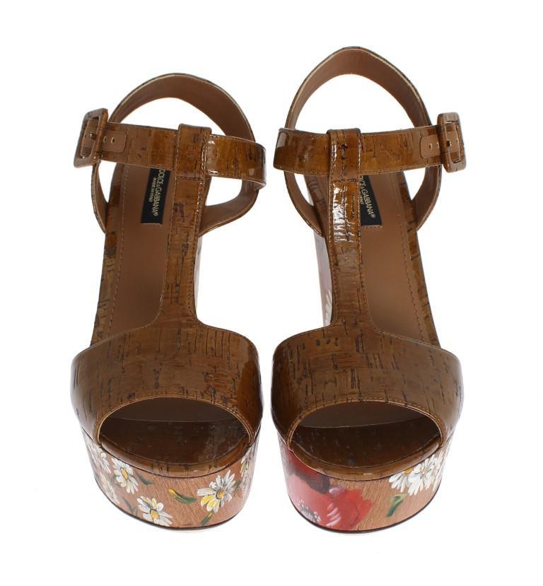 Brown Leather Floral Wedges Platform Shoes