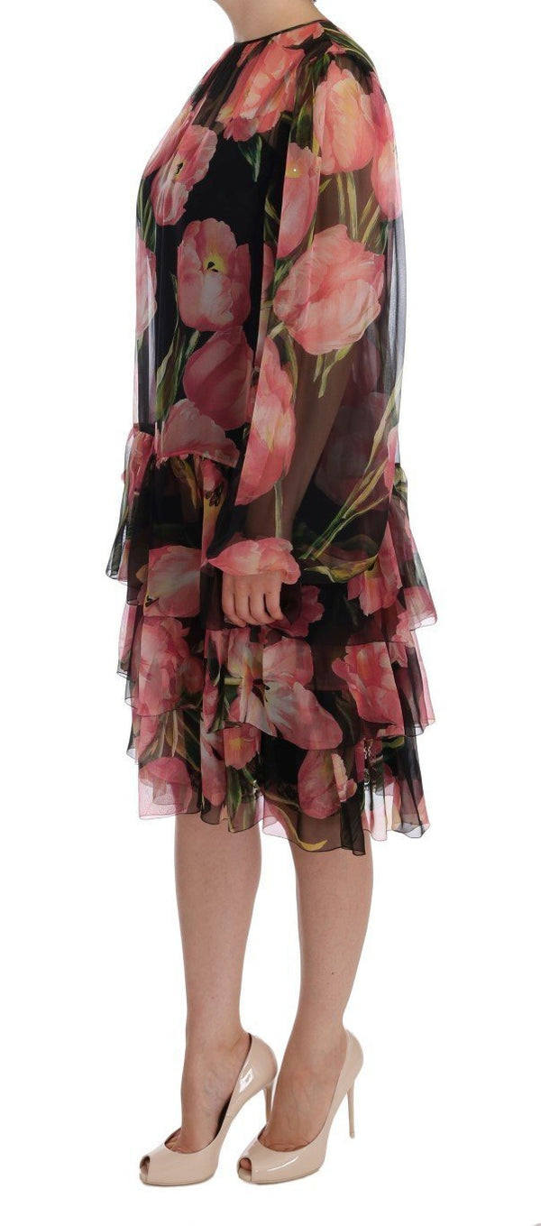 Black Pink Tulips Silk Dress