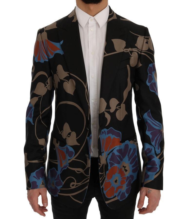 Black Floral Silk Slim Fit Blazer Jacket