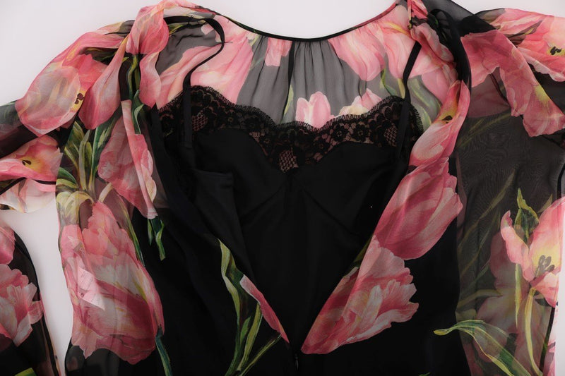 Black Pink Tulips Silk Dress