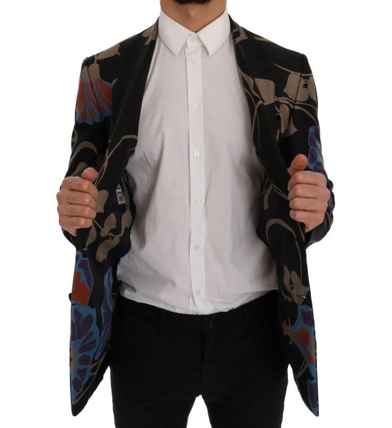 Black Floral Silk Slim Fit Blazer Jacket