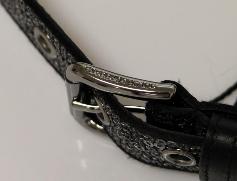 Black Silk Sequined Silver Logo Belt