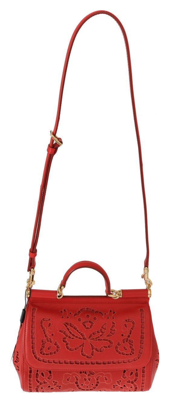 Red SICILY Floral Cutout Leather Bag