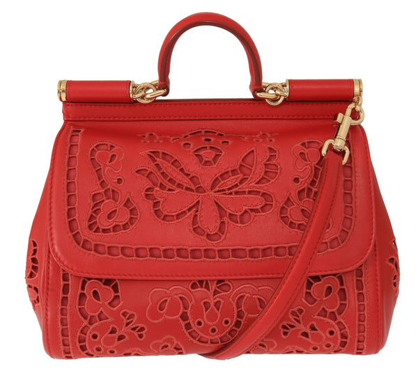 Red SICILY Floral Cutout Leather Bag