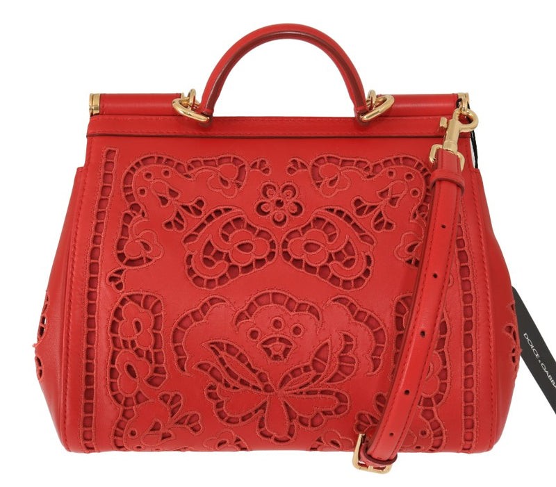 Red SICILY Floral Cutout Leather Bag
