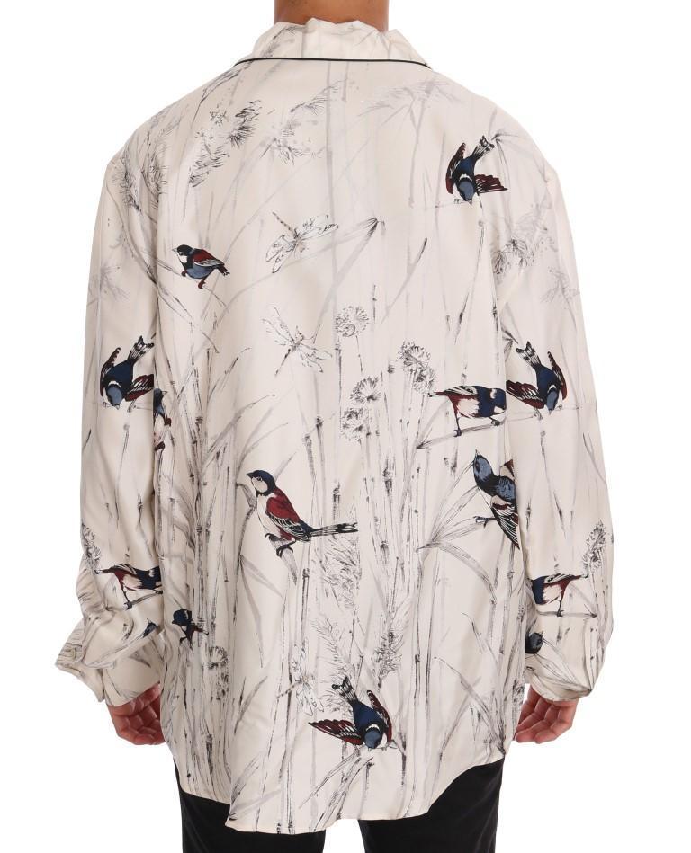 White Bird Print Silk Pajama Shirt