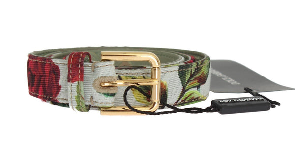 Beige Cotton Leather Roses Pattern Belt