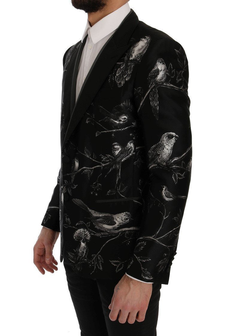 Black Bird Print Silk Slim Blazer Jacket