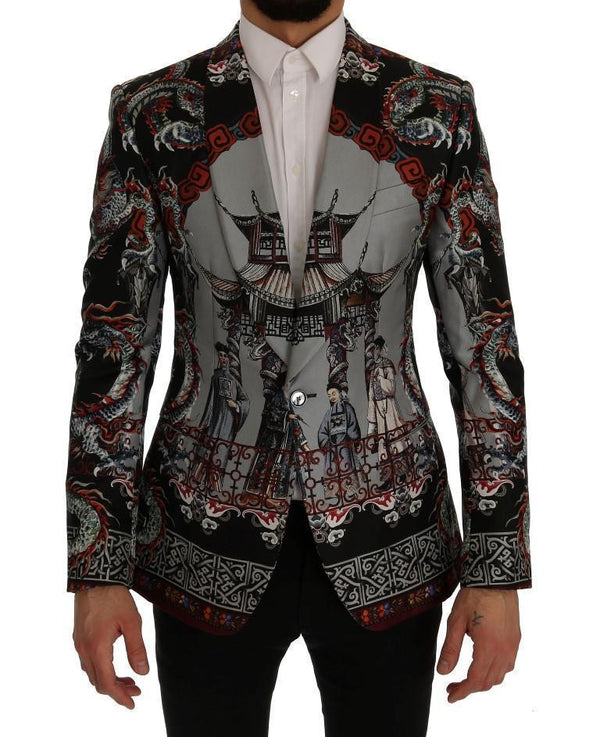Multicolor Dragon Print Silk Slim Fit Blazer Jacket