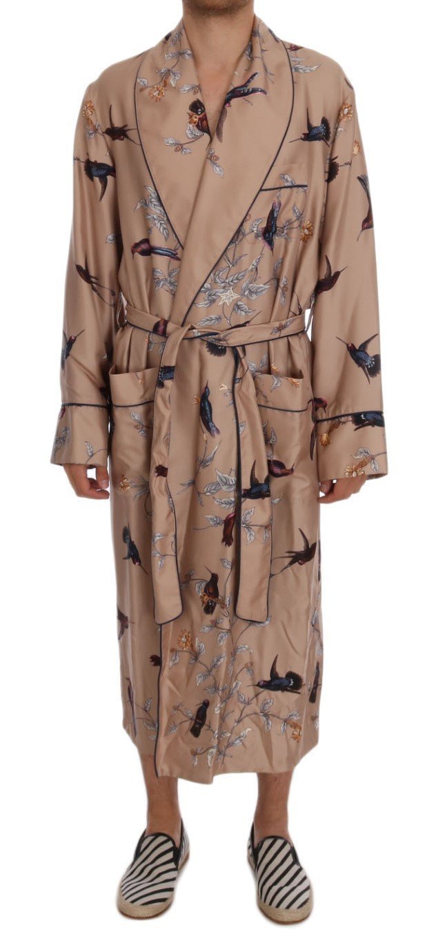 Beige Bird Silk Night Gown Robe